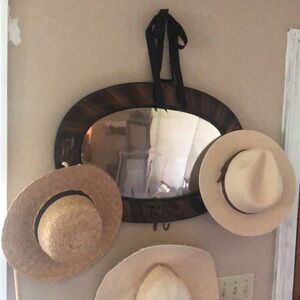 Antique Vintage Wood Frame Entryway Wall Mirror Hooks Hat Rack